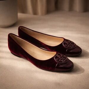 Tory Burch Minnie Travel Ballet Flats Burgundy Velvet Patent Cap Toe Logo 7M